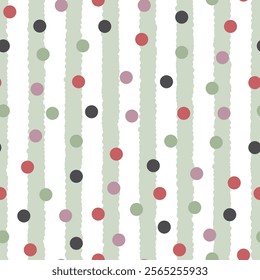 Colorful polka dots seamless pattern of multicolor dots. Allover print composite surface design of polkas and vertical blue stripes on white background.