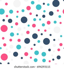 Colorful polka dots seamless pattern on black 19 background. Stunning classic colorful polka dots textile pattern. Seamless scattered confetti fall chaotic decor. Abstract vector illustration.