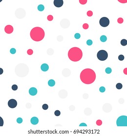 Colorful polka dots seamless pattern on black 19 background. Fantastic classic colorful polka dots textile pattern. Seamless scattered confetti fall chaotic decor. Abstract vector illustration.