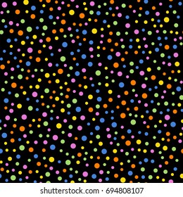 Colorful polka dots seamless pattern on black background. Radiant classic colorful textile pattern. Seamless scattered confetti fall chaotic decor. Abstract vector illustration.