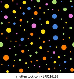 Colorful polka dots seamless pattern on black 2 background. Ravishing classic colorful polka dots textile pattern. Seamless scattered confetti fall chaotic decor. Abstract vector illustration.