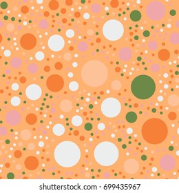 Colorful polka dots seamless pattern on bright 14 background. Great classic colorful polka dots textile pattern. Seamless scattered confetti fall chaotic decor. Abstract vector illustration.