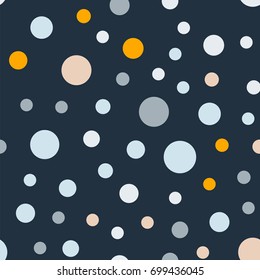 Colorful polka dots seamless pattern on black 7 background. Great classic colorful polka dots textile pattern. Seamless scattered confetti fall chaotic decor. Abstract vector illustration.