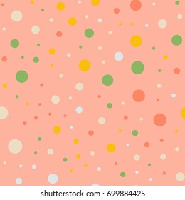 Colorful polka dots seamless pattern on bright 5 background. Pretty classic colorful polka dots textile pattern. Seamless scattered confetti fall chaotic decor. Abstract vector illustration.