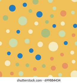 Colorful polka dots seamless pattern on bright 6 background. Radiant classic colorful polka dots textile pattern. Seamless scattered confetti fall chaotic decor. Abstract vector illustration.