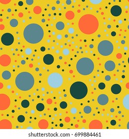 Colorful polka dots seamless pattern on bright 26 background. Dazzling classic colorful polka dots textile pattern. Seamless scattered confetti fall chaotic decor. Abstract vector illustration.