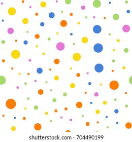 Colorful polka dots seamless pattern on white 2 background. Stunning classic colorful polka dots textile pattern. Seamless scattered confetti fall chaotic decor. Abstract vector illustration.