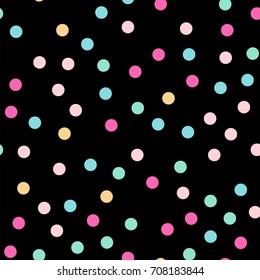 Colorful polka dots seamless pattern on black 3 background. Glamorous classic colorful polka dots textile pattern. Seamless scattered confetti fall chaotic decor. Abstract vector illustration.
