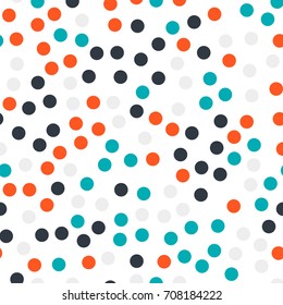Colorful polka dots seamless pattern on black 17 background. Great classic colorful polka dots textile pattern. Seamless scattered confetti fall chaotic decor. Abstract vector illustration.