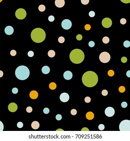 Colorful polka dots seamless pattern on black 1 background. Delightful classic colorful polka dots textile pattern. Seamless scattered confetti fall chaotic decor. Abstract vector illustration.