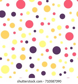 Colorful polka dots seamless pattern on white 25 background. Brilliant classic colorful polka dots textile pattern. Seamless scattered confetti fall chaotic decor. Abstract vector illustration.