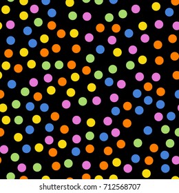 Colorful polka dots seamless pattern on black 2 background. Adorable classic colorful polka dots textile pattern. Seamless scattered confetti fall chaotic decor. Abstract vector illustration.