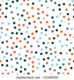 Colorful polka dots seamless pattern on black 26 background. Wonderful classic colorful polka dots textile pattern. Seamless scattered confetti fall chaotic decor. Abstract vector illustration.