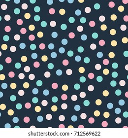 Colorful polka dots seamless pattern on black 9 background. Nice classic colorful polka dots textile pattern. Seamless scattered confetti fall chaotic decor. Abstract vector illustration.