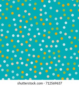 Colorful polka dots seamless pattern on bright 1 background. Ravishing classic colorful polka dots textile pattern. Seamless scattered confetti fall chaotic decor. Abstract vector illustration.