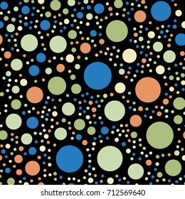 Colorful polka dots seamless pattern on black 6 background. Brilliant classic colorful polka dots textile pattern. Seamless scattered confetti fall chaotic decor. Abstract vector illustration.