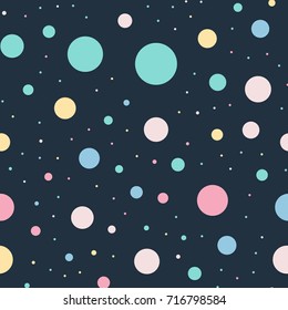 Colorful polka dots seamless pattern on black 9 background. Comely classic colorful polka dots textile pattern. Seamless scattered confetti fall chaotic decor. Abstract vector illustration.