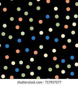 Colorful polka dots seamless pattern on black 6 background. Awesome classic colorful polka dots textile pattern. Seamless scattered confetti fall chaotic decor. Abstract vector illustration.