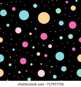 Colorful polka dots seamless pattern on black 3 background. Pleasant classic colorful polka dots textile pattern. Seamless scattered confetti fall chaotic decor. Abstract vector illustration.