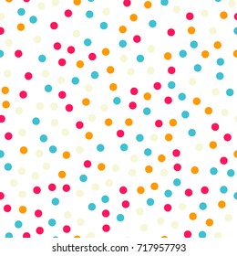 Colorful polka dots seamless pattern on black 18 background. Good-looking classic colorful polka dots textile pattern. Seamless scattered confetti fall chaotic decor. Abstract vector illustration.