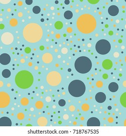 Colorful polka dots seamless pattern on bright 13 background. Brilliant classic colorful polka dots textile pattern. Seamless scattered confetti fall chaotic decor. Abstract vector illustration.