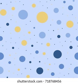 Colorful polka dots seamless pattern on bright 24 background. Symmetrical classic colorful polka dots textile pattern. Seamless scattered confetti fall chaotic decor. Abstract vector illustration.