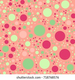 Colorful polka dots seamless pattern on bright 20 background. Awesome classic colorful polka dots textile pattern. Seamless scattered confetti fall chaotic decor. Abstract vector illustration.
