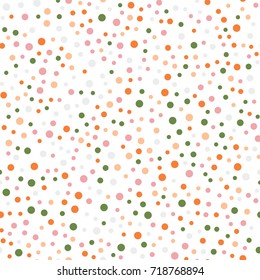 Colorful polka dots seamless pattern on white 14 background. Symmetrical classic colorful polka dots textile pattern. Seamless scattered confetti fall chaotic decor. Abstract vector illustration.