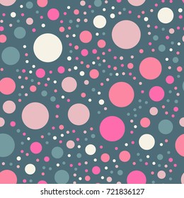 Colorful polka dots seamless pattern on bright 8 background. Attractive classic colorful polka dots textile pattern. Seamless scattered confetti fall chaotic decor. Abstract vector illustration.