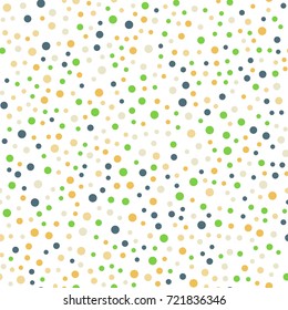 Colorful polka dots seamless pattern on white 13 background. Excellent classic colorful polka dots textile pattern. Seamless scattered confetti fall chaotic decor. Abstract vector illustration.
