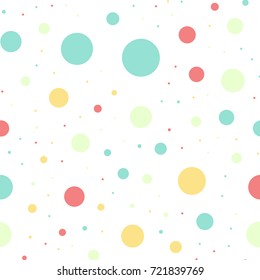 Colorful polka dots seamless pattern on white 16 background. Delicate classic colorful polka dots textile pattern. Seamless scattered confetti fall chaotic decor. Abstract vector illustration.