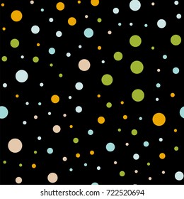 Colorful polka dots seamless pattern on black 1 background. Charming classic colorful polka dots textile pattern. Seamless scattered confetti fall chaotic decor. Abstract vector illustration.