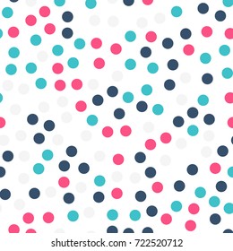 Colorful polka dots seamless pattern on white 19 background. Marvelous classic colorful polka dots textile pattern. Seamless scattered confetti fall chaotic decor. Abstract vector illustration.