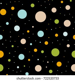 Colorful polka dots seamless pattern on black 1 background. Cute classic colorful polka dots textile pattern. Seamless scattered confetti fall chaotic decor. Abstract vector illustration.