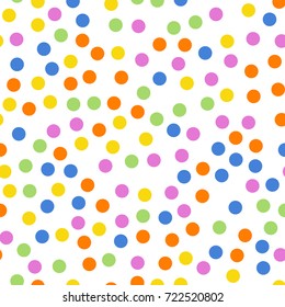 Colorful polka dots seamless pattern on white 2 background. Comely classic colorful polka dots textile pattern. Seamless scattered confetti fall chaotic decor. Abstract vector illustration.