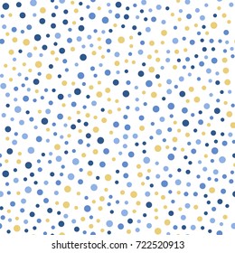 Colorful polka dots seamless pattern on white 24 background. Bizarre classic colorful polka dots textile pattern. Seamless scattered confetti fall chaotic decor. Abstract vector illustration.