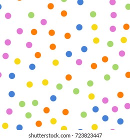 La polka colorida es un patrón impecable en el fondo blanco 2. Clásico polka colorido y clásico que domina el patrón textil. El confetti desparramado y desprendido caen en una decoración caótica. Ilustración abstracta vectorial.