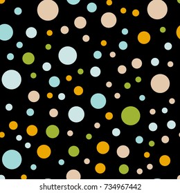 Colorful polka dots seamless pattern on black 1 background. Beautiful classic colorful polka dots textile pattern. Seamless scattered confetti fall chaotic decor. Abstract vector illustration.