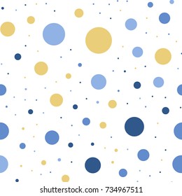 Colorful polka dots seamless pattern on white background. Unique classic colorful polka dots textile pattern. Seamless scattered confetti fall chaotic decor. Abstract vector illustration.