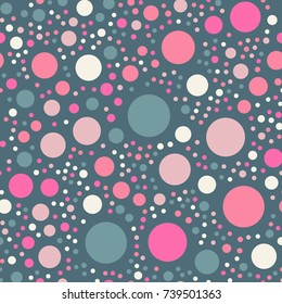 Colorful polka dots seamless pattern on bright 8 background. Neat classic colorful polka dots textile pattern. Seamless scattered confetti fall chaotic decor. Abstract vector illustration.