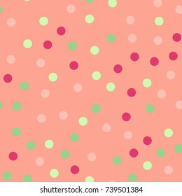 Colorful polka dots seamless pattern on bright 20 background. Charming classic colorful polka dots textile pattern. Seamless scattered confetti fall chaotic decor. Abstract vector illustration.
