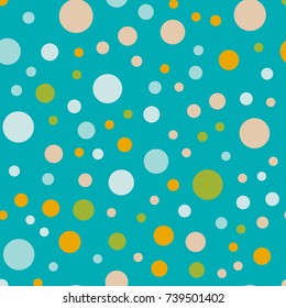 Colorful polka dots seamless pattern on bright 1 background. Radiant classic colorful polka dots textile pattern. Seamless scattered confetti fall chaotic decor. Abstract vector illustration.