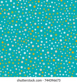 Colorful polka dots seamless pattern on bright 1 background. Resplendent classic colorful polka dots textile pattern. Seamless scattered confetti fall chaotic decor. Abstract vector illustration.
