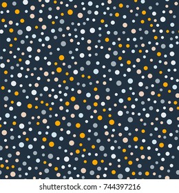 Colorful polka dots seamless pattern on bright 7 background. Sublime classic colorful polka dots textile pattern. Seamless scattered confetti fall chaotic decor. Abstract vector illustration.