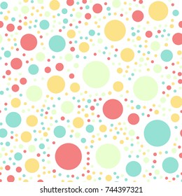 Colorful polka dots seamless pattern on white 16 background. Exquisite classic colorful polka dots textile pattern. Seamless scattered confetti fall chaotic decor. Abstract vector illustration.