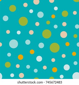 Colorful polka dots seamless pattern on bright 1 background. Adorable classic colorful polka dots textile pattern. Seamless scattered confetti fall chaotic decor. Abstract vector illustration.
