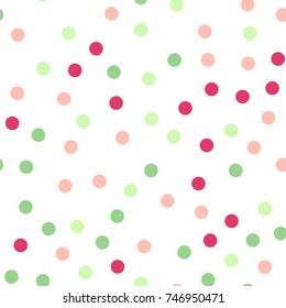 Colorful polka dots seamless pattern on white 20 background. Shapely classic colorful polka dots textile pattern. Seamless scattered confetti fall chaotic decor. Abstract vector illustration.