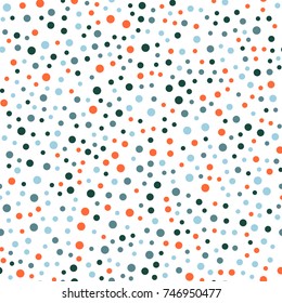 Colorful polka dots seamless pattern on black 26 background. Admirable classic colorful polka dots textile pattern. Seamless scattered confetti fall chaotic decor. Abstract vector illustration.