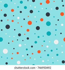 Colorful polka dots seamless pattern on bright 17 background. Sightly classic colorful polka dots textile pattern. Seamless scattered confetti fall chaotic decor. Abstract vector illustration.