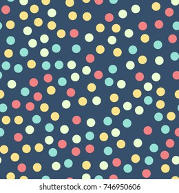 Colorful polka dots seamless pattern on bright 16 background. Radiant classic colorful polka dots textile pattern. Seamless scattered confetti fall chaotic decor. Abstract vector illustration.